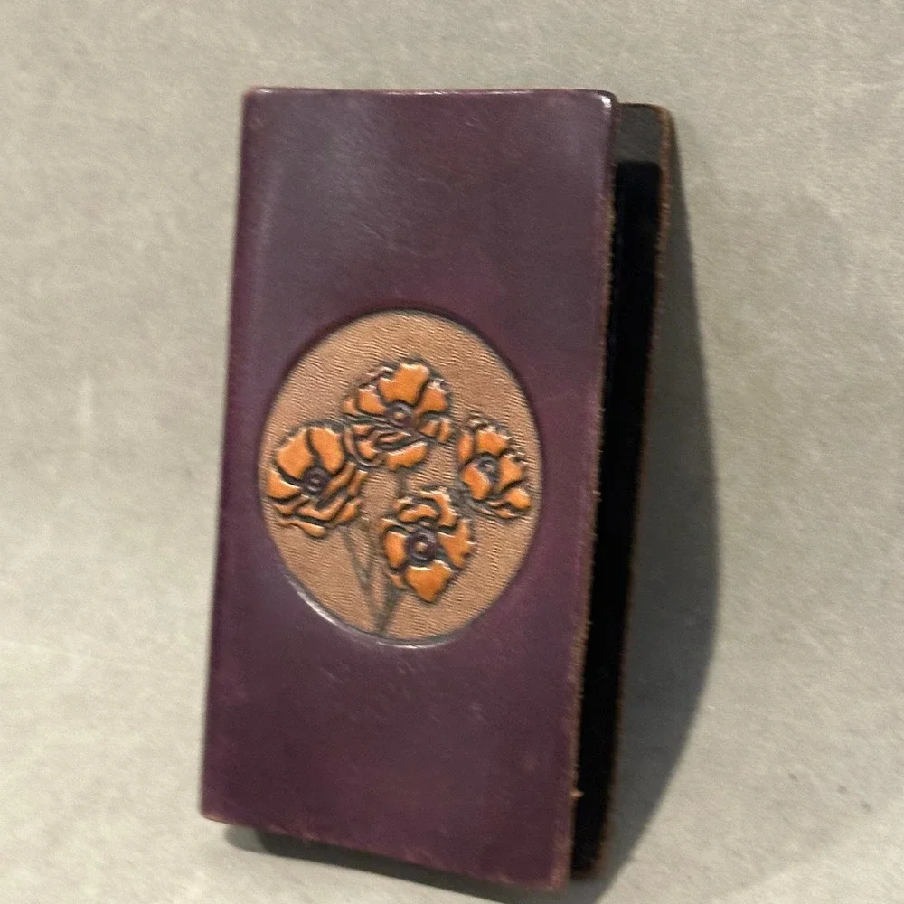 Vintage Tooled Leather Pocket Address Book Purple Poppy Floral Hand Crafted 5.5